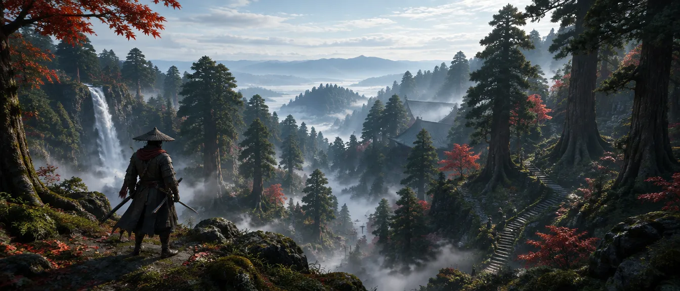 Lembah hutan cedar raksasa berkabut dengan air terjun, tangga batu berlumut, atap kuil, dan pendekar bertopi jerami di tepi tebing.